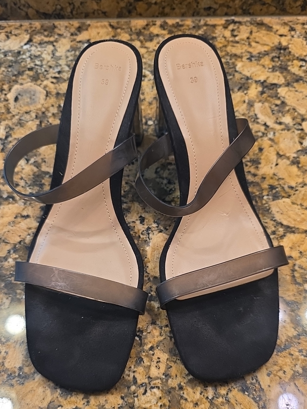 Bershka Black and Bronze Square-Toe Strappy Heeled Sandals